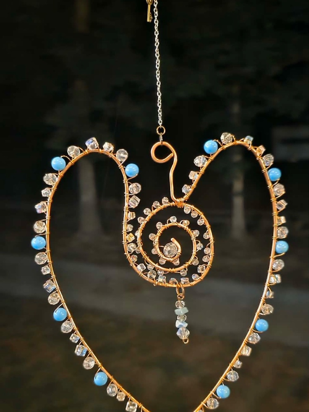 Hand Crafted Copper Heart Spiral Sun-catcher with Turquoise and Crystal Beads